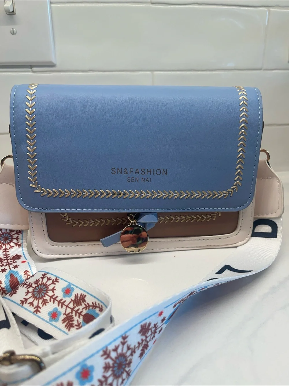 SHEIN Blue and Cream Crossbody Bag with Patterned Strap